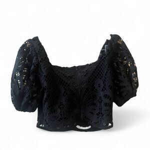 A. Calin Flying Tomato Crochet Lace Cropped Top Sz M Black Lined Puff Sleeve
